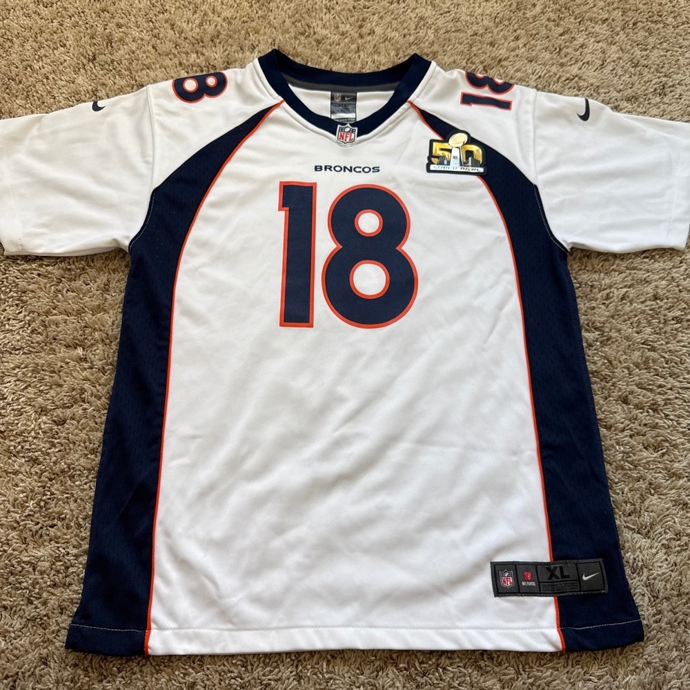 Nike Peyton Manning Denver Broncos Super Bowl 50 Jersey Boys XL 18-20 White